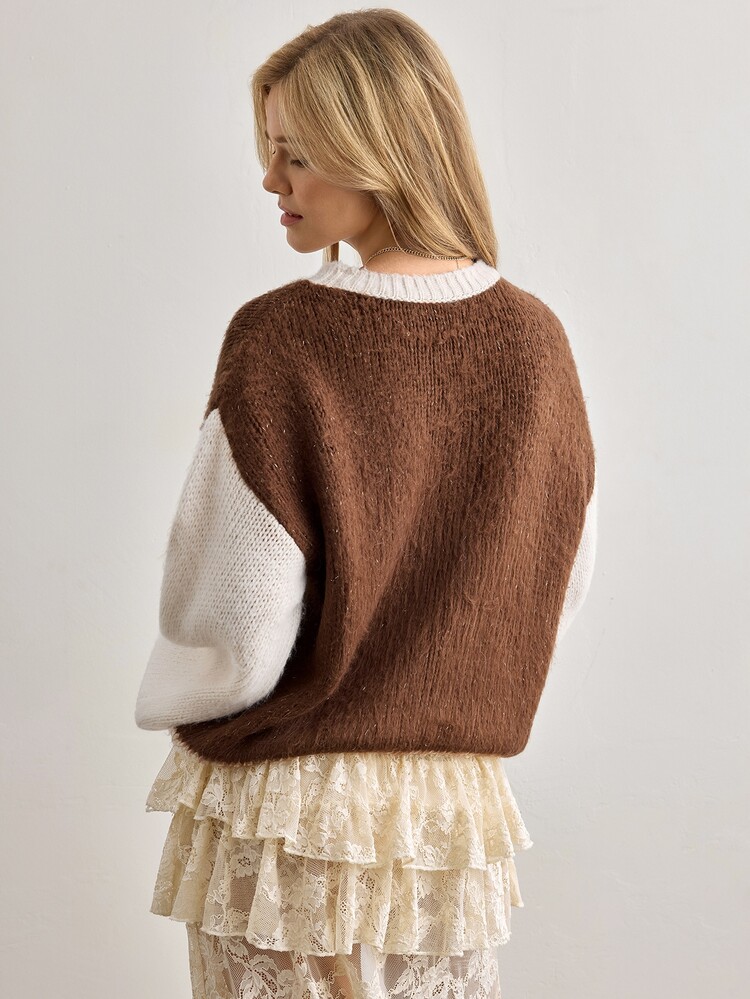 SHEIN Color Block Hairy Knit Crew Neck Sweater Picnic Everyday Brown Stripe Autumn Boho Retro Casual Thanksgiving Brunch - Brown - View 10