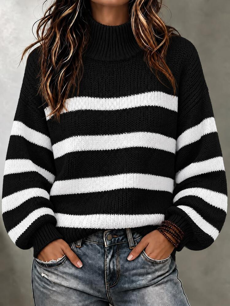 SHEIN LUNE Striped Pattern Mock Neck Drop Shoulder Sweater,Long Sleeve Tops Knit Pullover Fall Winter Sweater - Black - View 8