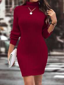 SHEIN Clasi Ribbed Turtleneck Knitted Slim Fit Sweater Dress For New Year Clothes Fall Winter Cloth For Women - Red - View 5