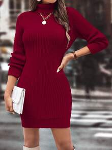 SHEIN Clasi Ribbed Turtleneck Knitted Slim Fit Sweater Dress For New Year Clothes Fall Winter Cloth For Women - Red - View 6