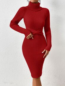 SHEIN Unity Turtleneck Twist Front Raglan Sleeve Sweater Dress For New Year Clothes Fall Winter Cloth For Women - Red - View 3