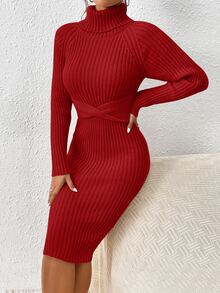 SHEIN Unity Turtleneck Twist Front Raglan Sleeve Sweater Dress For New Year Clothes Fall Winter Cloth For Women - Red - View 5
