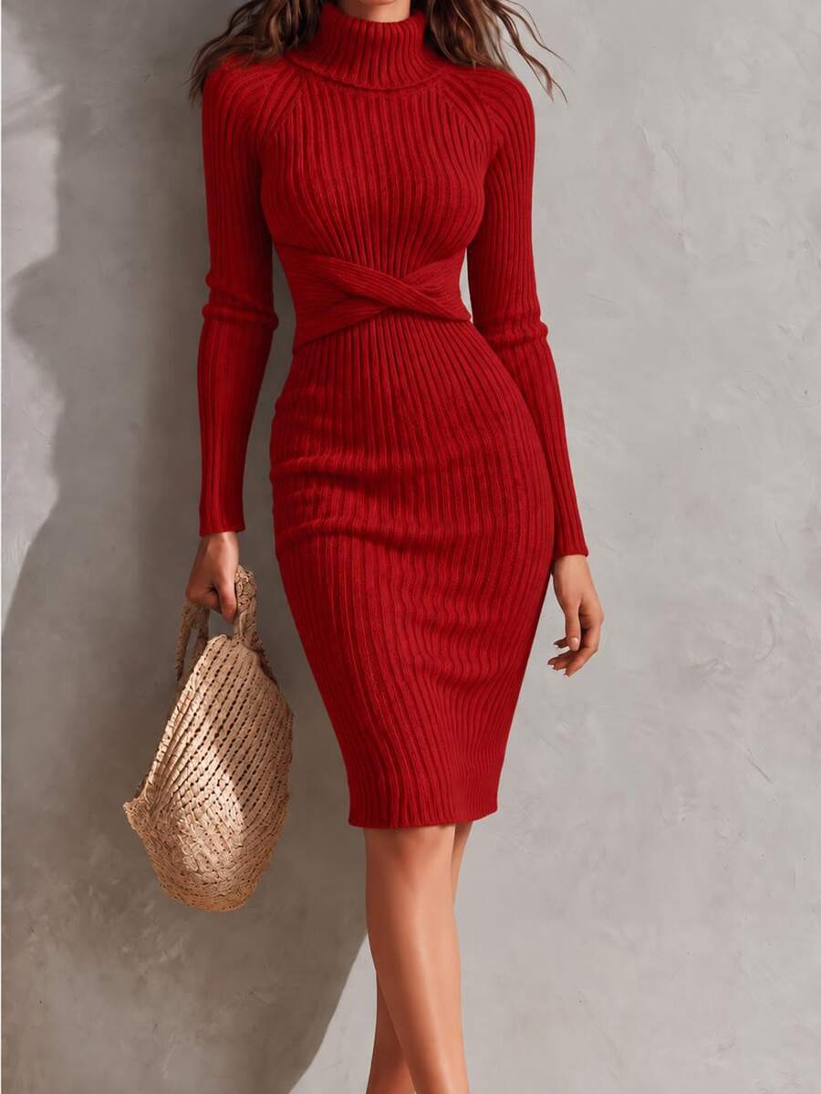 SHEIN Unity Turtleneck Twist Front Raglan Sleeve Sweater Dress For New Year Clothes Fall Winter Cloth For Women - Red - View 1