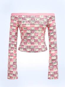 Y2Kool BiGraphic Y2K Colorblock Music Note Print Off Shoulder Fitted Long Sleeve Casual Blouse For Women, Suitable For Summer, Vacation, Gathering, Party, Daily Wear Matching Idea Winter - Multicolor - View 1