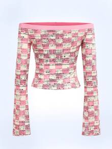 Y2Kool BiGraphic Y2K Colorblock Music Note Print Off Shoulder Fitted Long Sleeve Casual Blouse For Women, Suitable For Summer, Vacation, Gathering, Party, Daily Wear Matching Idea Winter - Multicolor - View 2
