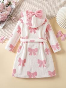 SHEIN 女童針織仿皮草蝴蝶結圖案連帽休閒居家服 秋季 - 粉色 - 查看 7