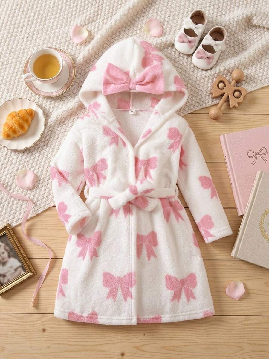 SHEIN 女童針織仿皮草蝴蝶結圖案連帽休閒居家服 秋季 - 粉色 - 查看 1
