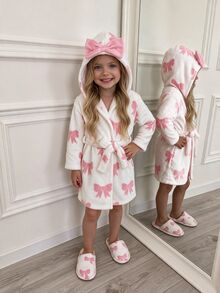 SHEIN 女童針織仿皮草蝴蝶結圖案連帽休閒居家服 秋季 - 粉色 - 查看 4