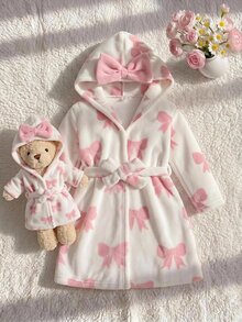 SHEIN 女童針織仿皮草蝴蝶結圖案連帽休閒居家服 秋季 - 粉色 - 查看 3