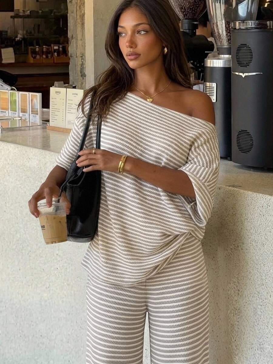 Siren Gaze Women's Fall White Casual Striped Asymmetric Collar T-Shirt Pants 2 Pieces Set Back To School Going Out Y2k Basic Streetwear Gym Halloween Sports Gym - Multicolor - View 1