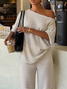 Siren Gaze Women's Fall White Casual Striped Asymmetric Collar T-Shirt Pants 2 Pieces Set Back To School Going Out Y2k Basic Streetwear Gym Halloween Sports Gym - Multicolor - View 8