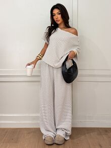 Siren Gaze Women's Fall White Casual Striped Asymmetric Collar T-Shirt Pants 2 Pieces Set Back To School Going Out Y2k Basic Streetwear Gym Halloween Sports Gym - Multicolor - View 5