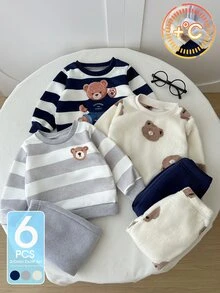 SHEIN Playful Pals 6件組 幼兒男嬰可愛深藍灰色熊圖案條紋抓絨運動衫長褲套裝，長袖圓領加厚羅紋，適合冬季與秋季節日穿著 - 彩色 - 查看 4