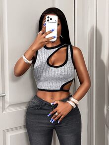 BamGleam Tank Top Rajut Bergaris Asimetris dengan Potongan Bahu dan Pinggang, Model Crop, Warna Abu-abu, Seksi untuk Acara Malam Hari di Musim Panas - Grey - View 5