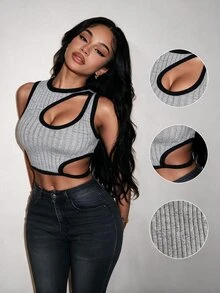 BamGleam Tank Top Rajut Bergaris Asimetris dengan Potongan Bahu dan Pinggang, Model Crop, Warna Abu-abu, Seksi untuk Acara Malam Hari di Musim Panas - Grey - View 4