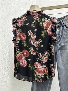 SHEIN French Romantic Vintage Boho Floral Print Ruffle Trim Sleeveless Chiffon Blouse Brunch Vacation Black And Red Summer Summer - Black - View 2