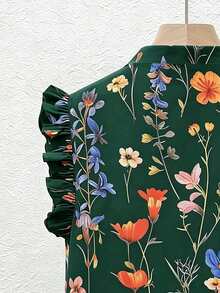SHEIN Franclia Women's Floral Print Pleated Casual Boho Versatile Daily Garden Party Brunch Outing Shirt Green Floral Summer - Dark Green - View 5