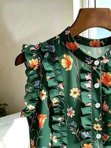 SHEIN Franclia Women's Floral Print Pleated Casual Boho Versatile Daily Garden Party Brunch Outing Shirt Green Floral Summer - Dark Green - View 4