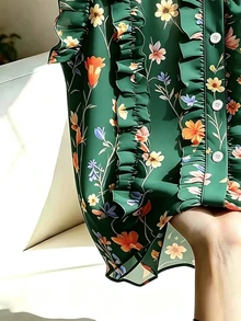 SHEIN Franclia Women's Floral Print Pleated Casual Boho Versatile Daily Garden Party Brunch Outing Shirt Green Floral Summer - Dark Green - View 3