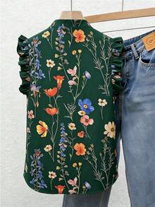 SHEIN Franclia Women's Floral Print Pleated Casual Boho Versatile Daily Garden Party Brunch Outing Shirt Green Floral Summer - Dark Green - View 2