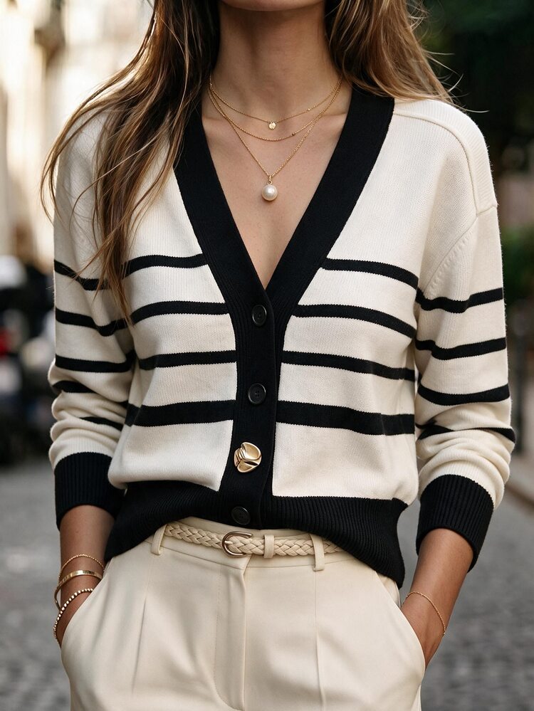 SHEIN Fall New Arrival Black And White Color Block V-Neck Knit Cardigan Tops For Women Metal Button Long Sleeve Going Out Office - Black and White - View 1