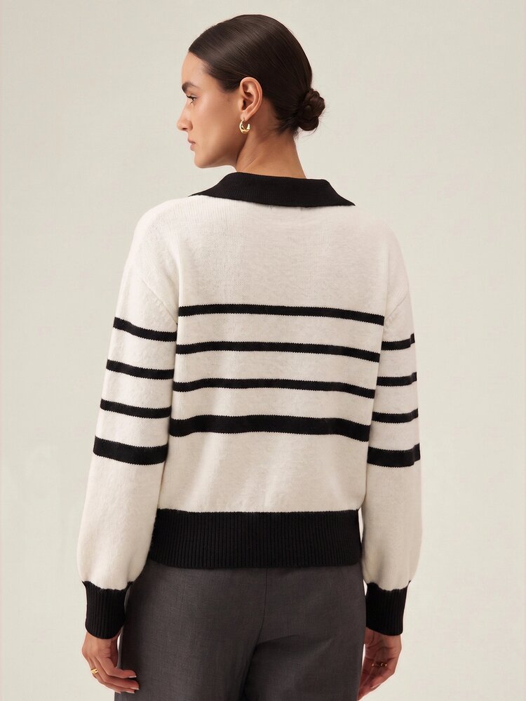 SHEIN Fall New Arrival Black And White Color Block V-Neck Knit Cardigan Tops For Women Metal Button Long Sleeve Going Out Office - Black and White - View 2