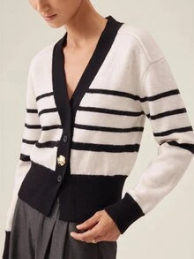 SHEIN 秋季新款女款黑白拼色V領針織開襟衫上衣，金屬鈕扣長袖，適合外出與辦公室穿著 - 黑與白 - 查看 7