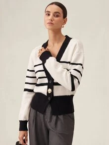 SHEIN 秋季新款女款黑白拼色V領針織開襟衫上衣，金屬鈕扣長袖，適合外出與辦公室穿著 - 黑與白 - 查看 6