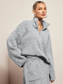 Hauture Women's Slouchy Half-Zip High Neck Knit Top, Loose Drop Shoulder Long Sleeve Grey Soft Pullover Sweater - Grey - View 4