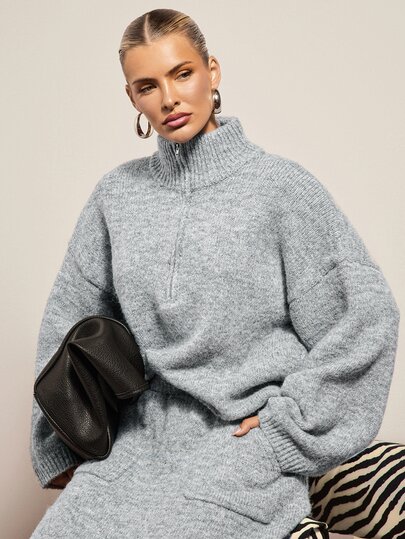 Hauture Women's Slouchy Half-Zip High Neck Knit Top, Loose Drop Shoulder Long Sleeve Grey Soft Pullover Sweater