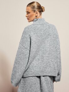 Hauture Women's Slouchy Half-Zip High Neck Knit Top, Loose Drop Shoulder Long Sleeve Grey Soft Pullover Sweater - Grey - View 6