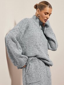 Hauture Women's Slouchy Half-Zip High Neck Knit Top, Loose Drop Shoulder Long Sleeve Grey Soft Pullover Sweater - Grey - View 3