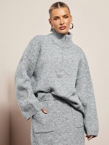 Hauture Women's Slouchy Half-Zip High Neck Knit Top, Loose Drop Shoulder Long Sleeve Grey Soft Pullover Sweater - Grey - View 1