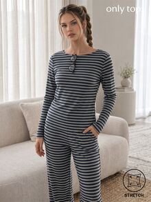SHEIN Kaos Remaja Perempuan Bergaris Biru Tua dengan Kerah Berhias Kancing dan Trim Renda, Lengan Panjang, Kasual, Streetwear, Serbaguna, Cocok untuk Pesta Musim Semi dan Gugur, Pelayaran - Putih - View 4