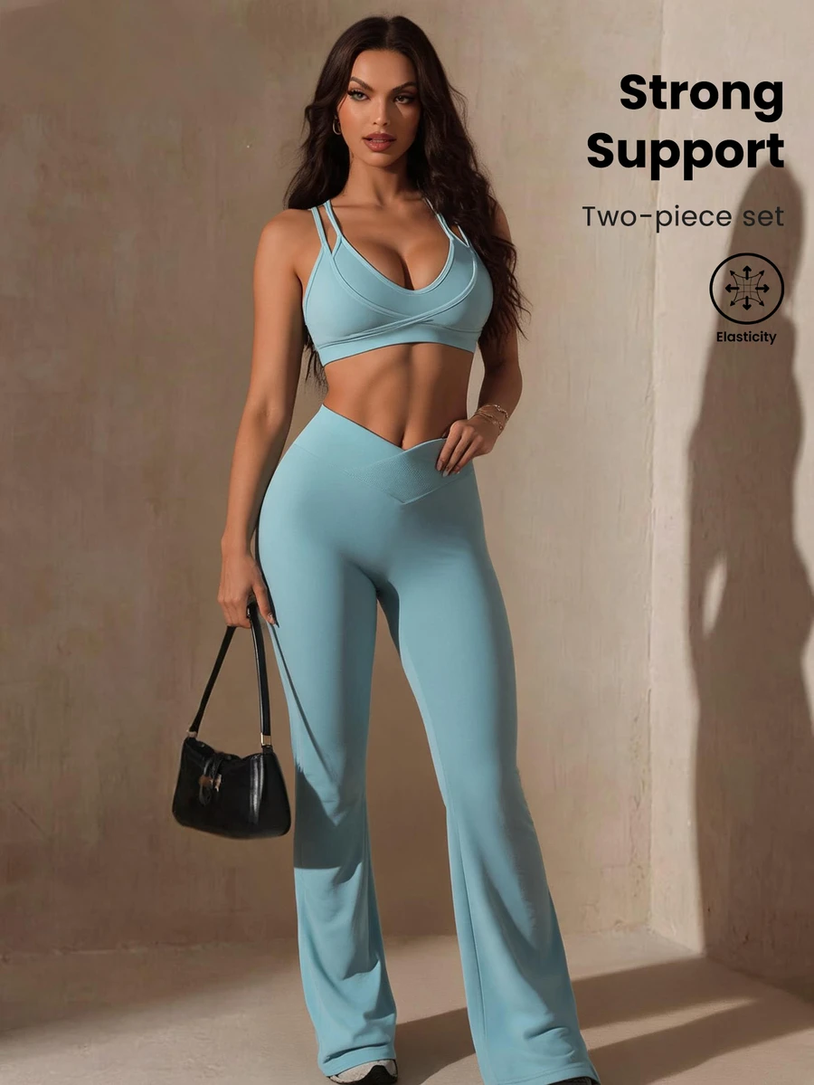 Slayform Women's Solid Color Halter Neck Cropped Top & Leggings Sports Set - Baby Blue - View 1