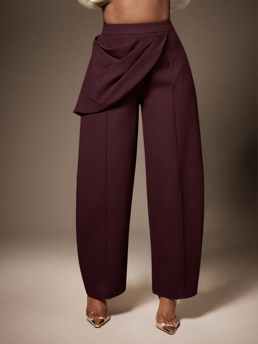 Vixey High Waist Draped Pleated Sash Seam Detail Barrel Leg Pants - Hot Pink - View 1