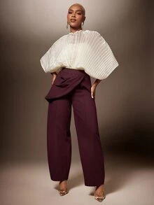 Vixey High Waist Draped Pleated Sash Seam Detail Barrel Leg Pants - Hot Pink - View 3