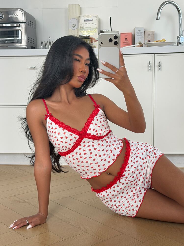 ZzzCrew Romantic Heart Print Lace Trim Fitted Women Pajama Set - White - View 1