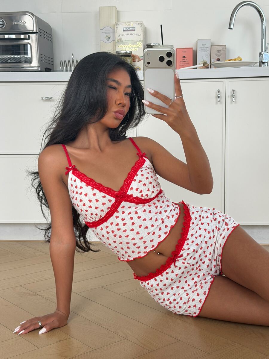ZzzCrew Romantic Heart Print Lace Trim Fitted Women Pajama Set - White - View 1