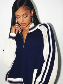 Denimoi Color-Blocked Sporty Raglan Sleeves Cardigan - Multicolor - View 3