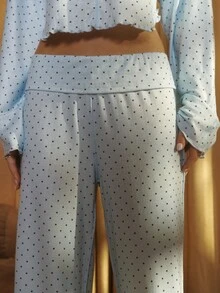 Aralina Sleepwear Women's 2pcs Spot Printed Pointelle Lounge Cute Oversized Long Sleeve Sleep Top And Wide Leg Pant With Lettuce Edge Detail Two Pieces Set - Blue - View 8