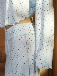 Aralina Sleepwear Women's 2pcs Spot Printed Pointelle Lounge Cute Oversized Long Sleeve Sleep Top And Wide Leg Pant With Lettuce Edge Detail Two Pieces Set - Blue - View 10