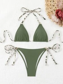 Swim Basics Random Print Summer Beach Halter Backless Sexy Bikini Swimwear Set - Multicolor - View 3