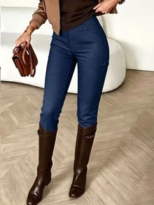 RosyDaze Women's Solid Color Casual Versatile Daily Wear Long Pants - Blue - View 3