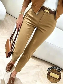 INAWLY Women Solid Color Casual Versatile Daily Wear Long Pants - Khaki - View 1