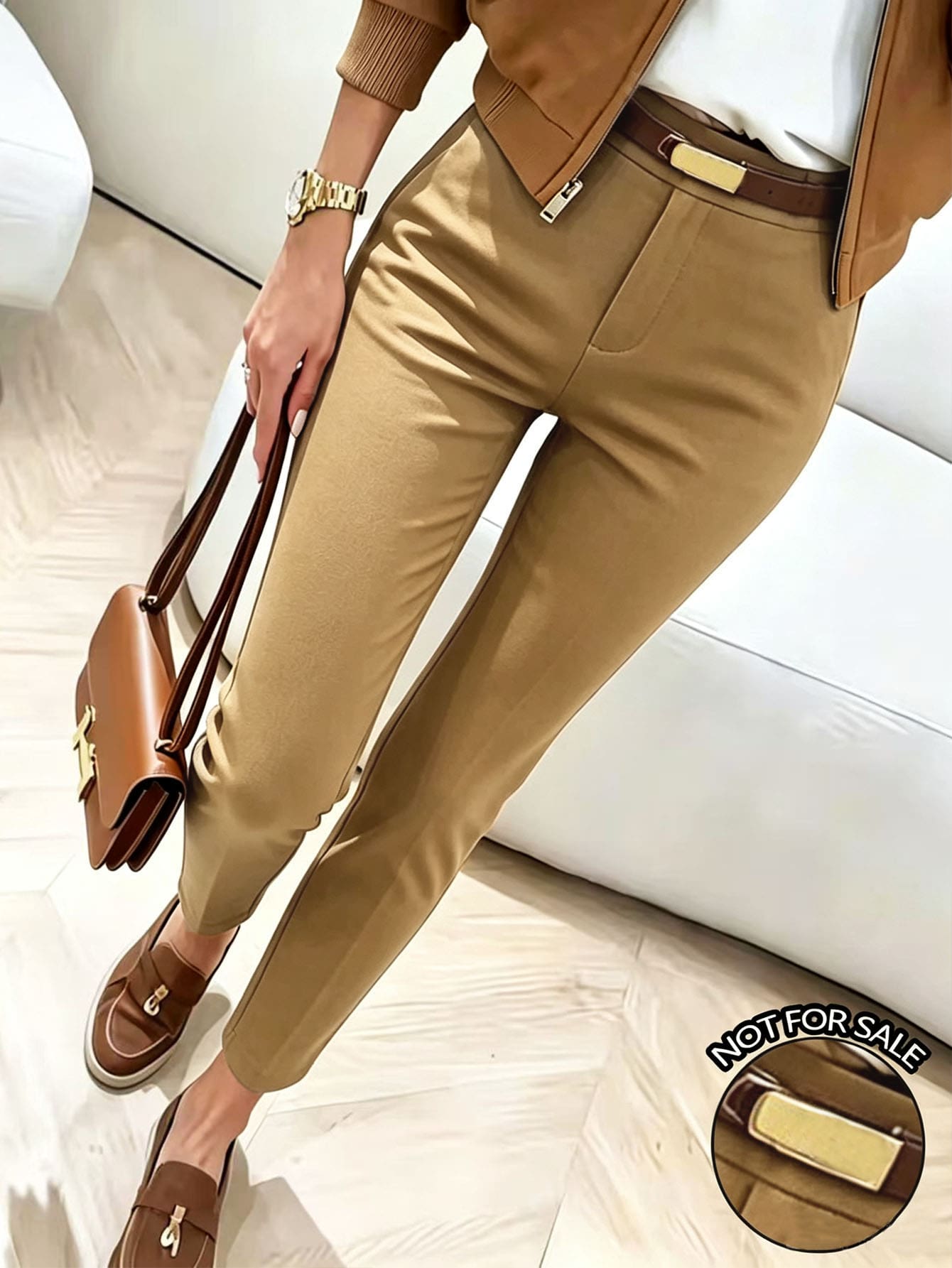 INAWLY Women Solid Color Casual Versatile Daily Wear Long Pants - Khaki - View 1