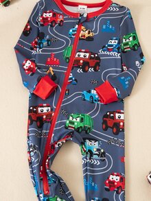 秋冬針織圓領男嬰/幼兒拼色紅色對比彩色卡通卡車數位印花可愛圖案拉鍊長袖連身衣修身時尚睡衣居家服 - 藍色 - 查看 4