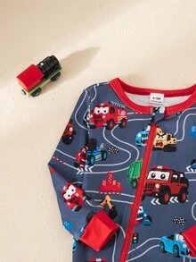 秋冬針織圓領男嬰/幼兒拼色紅色對比彩色卡通卡車數位印花可愛圖案拉鍊長袖連身衣修身時尚睡衣居家服 - 藍色 - 查看 9