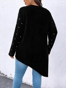 SHEIN LUNE Plus Size Fashion Beaded Decor Asymmetrical Hem T-Shirt - Black - View 2
