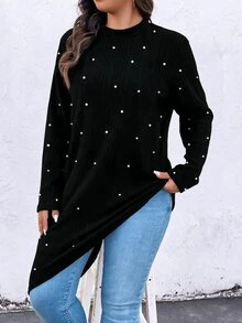 SHEIN LUNE Plus Size Fashion Beaded Decor Asymmetrical Hem T-Shirt - Black - View 3